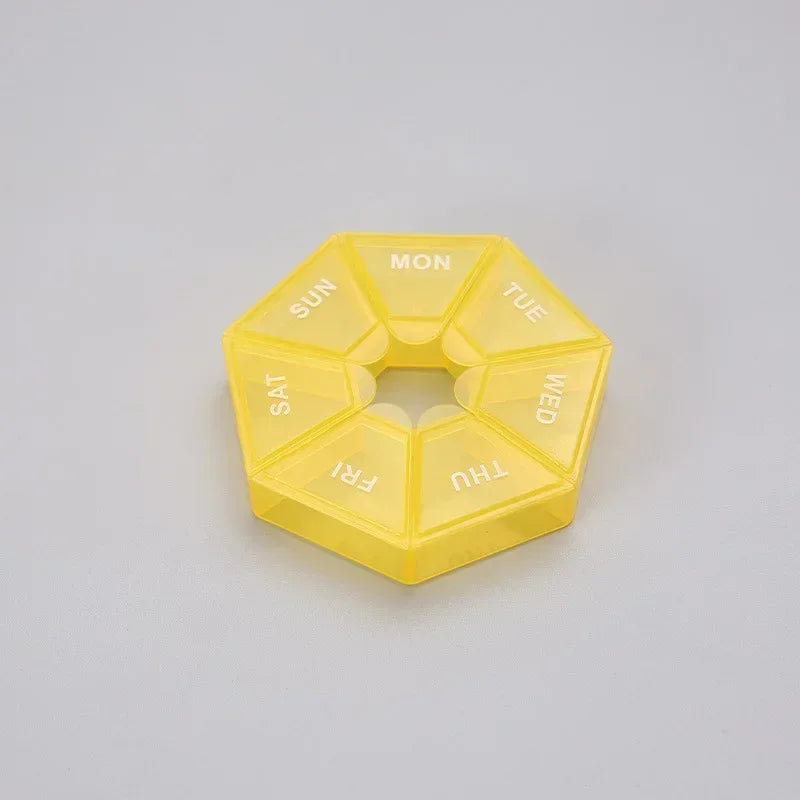1/2/3Pcs A Week 7 Corners Pill Box Round 7 Boxes For One Week Small Pill Box Mini 7 Days Portable Points Medicine Jewelry Box Oasis Select 1pcs yellow
