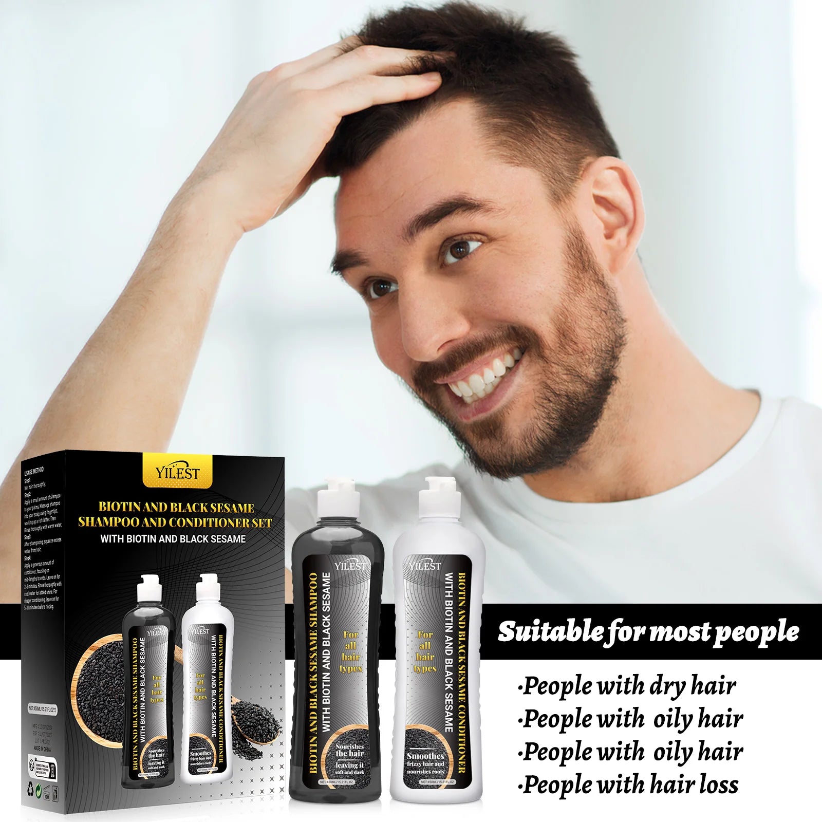 Biotin & Black Sesame Shampoo Conditioner Set Hair Repair Treatment Nourishing & Strengthening 450ml x 2 for All Hair Types Oasis Select