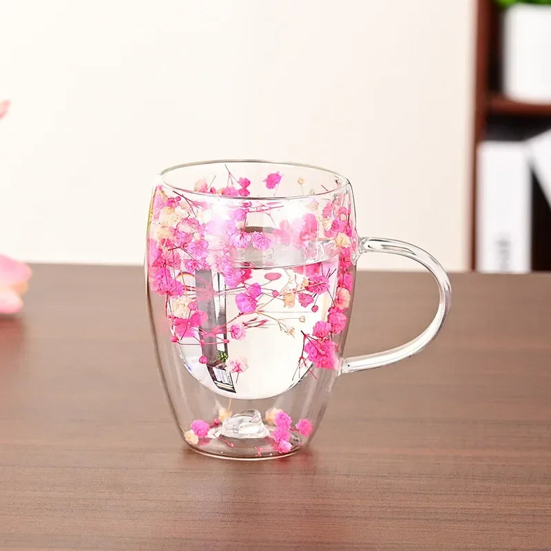 1PCS 300ml Double Wall Glass Cup with Handle Dried Flower Decorated Ins StyleDurable Coffee Milk Mug Heat Resistant Tea Cups Oasis Select White-pink-350ml 300ml