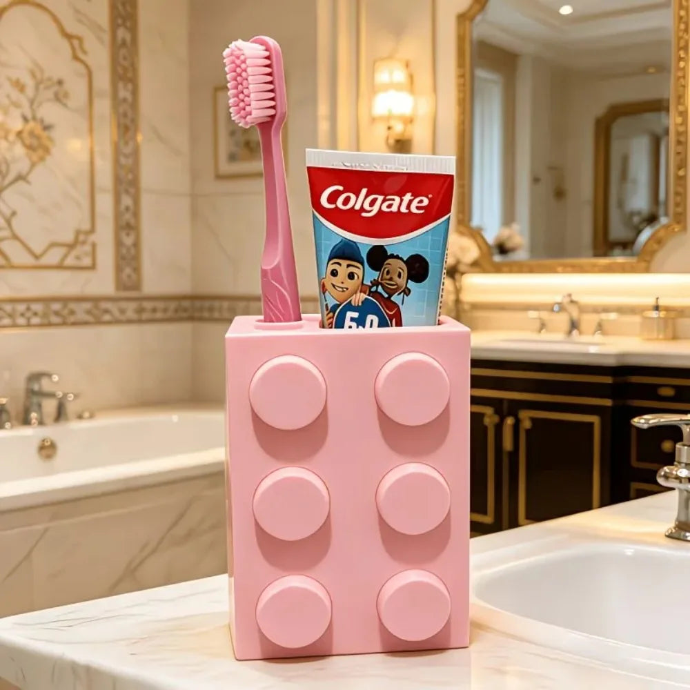 Cute Building Block Toothbrush Storage Rack Multi-Purpose Bathroom Counter Organizer Practical Washroom Vanity Accessory Decor Oasis Select