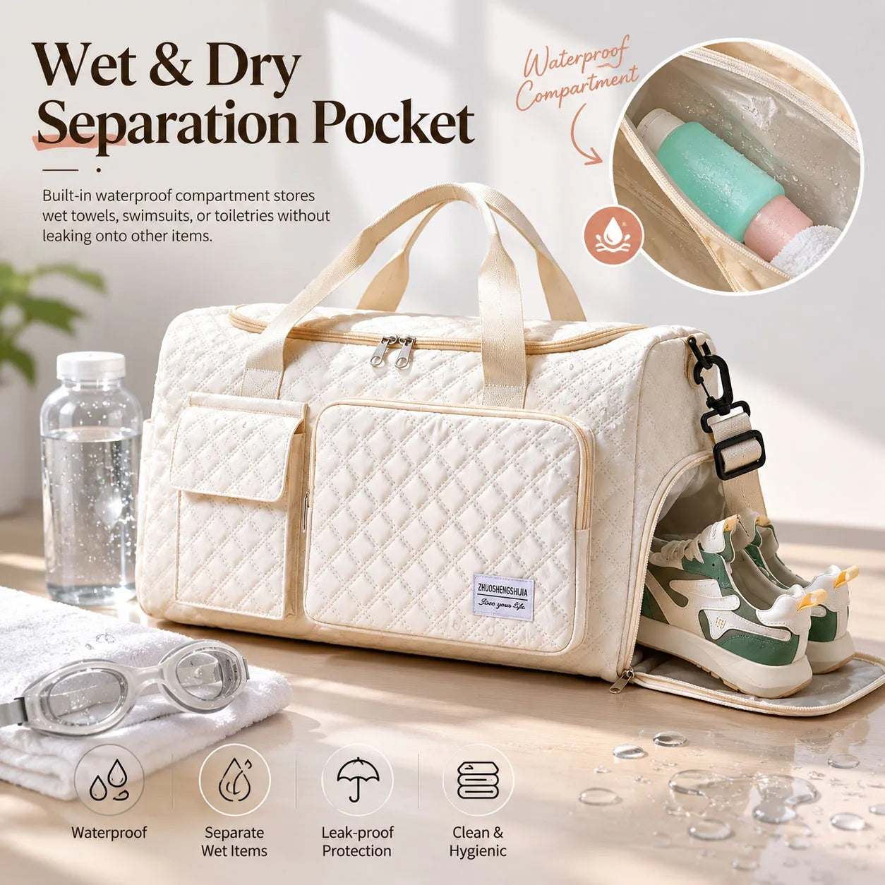 A spacious outdoor luggage bag with separate compartments for dry and wet items and dual-sided dividers Oasis Select