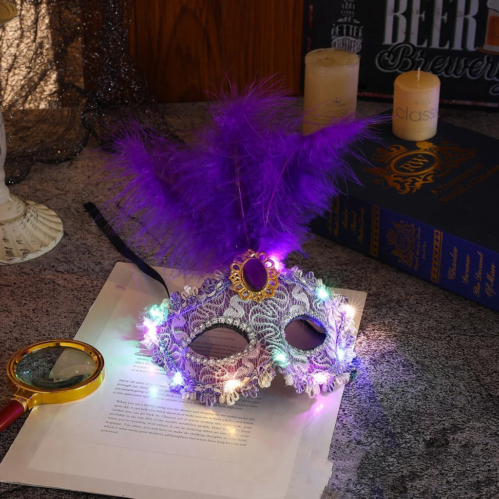 1Pcs Venetian Venice Glowing Feather Led Masks Woman Fancy Dance Party Eye Mask Carnival Halloween Masquerade Cosplay Costume Oasis Select Purple