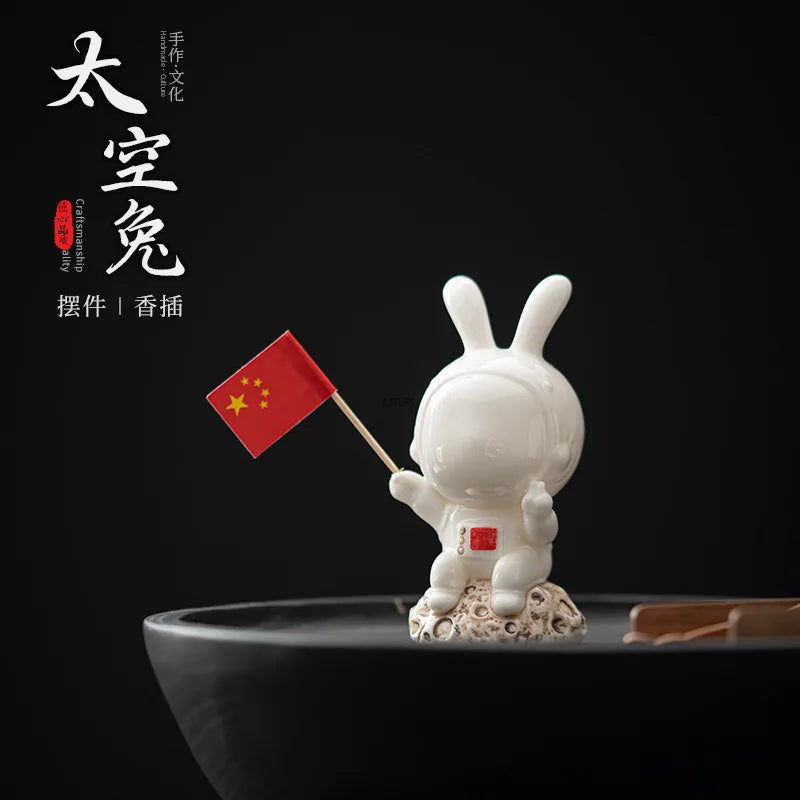 Ceramic Cute Space Rabbit Aromatherapy Burner Ornament for Home Indoor Tea Pet Jade Rabbit Incense Burner Incense Oasis Select
