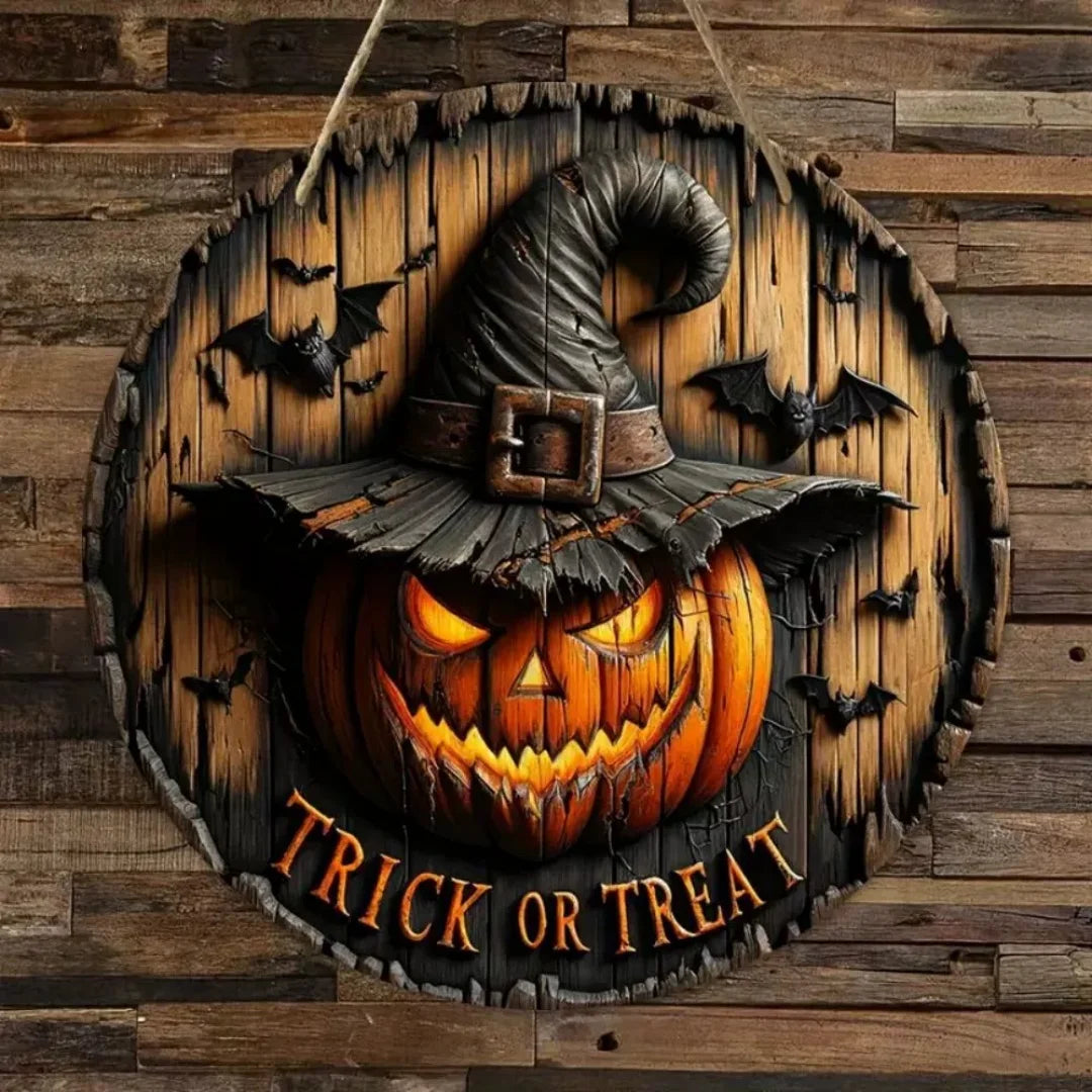Halloween Wooden Wreath Logo Retro Pumpkin Head Horror Art Decoration Home Garden Courtyard Wooden Hanging Pendant Outdoor Props Oasis Select