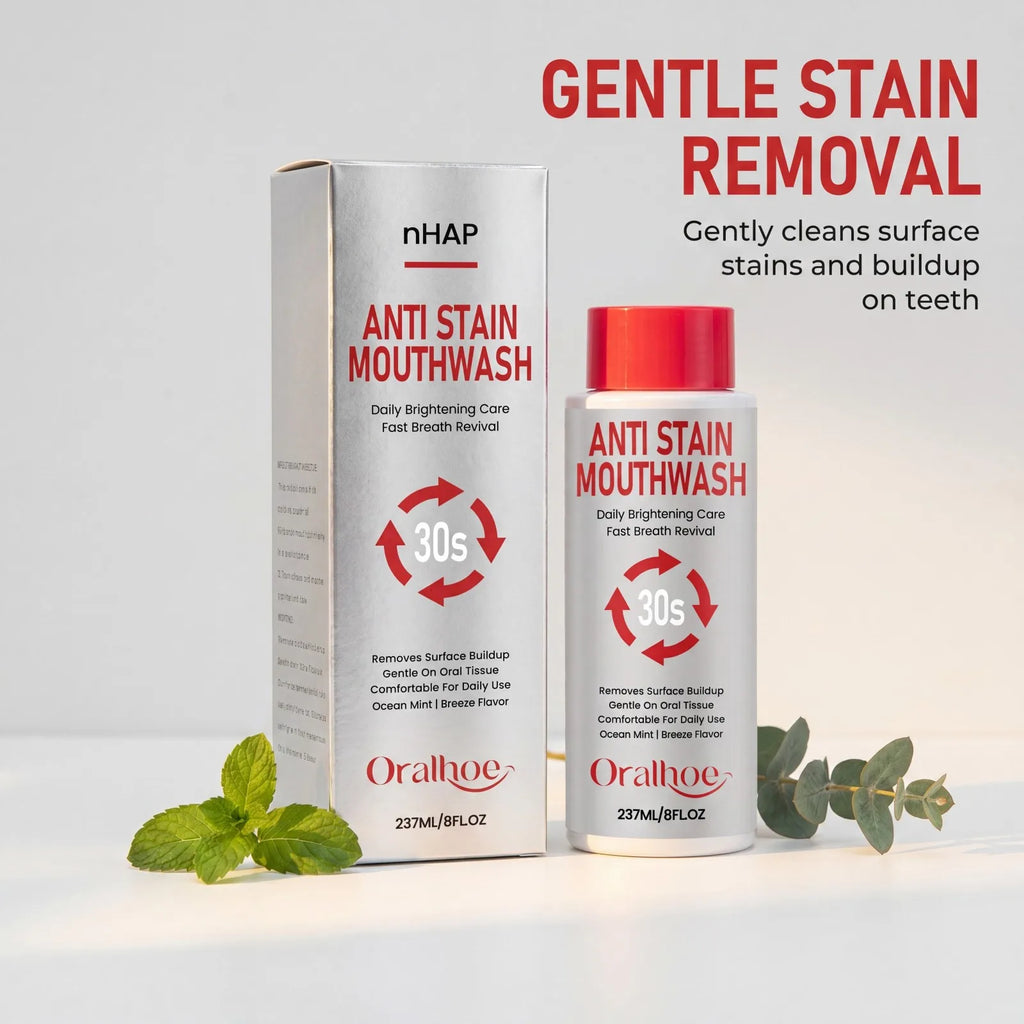 nHAP Anti Stain Mouthwash Whitening Breath Freshening Removes Surface Buildup Gentle Oral Care Mint Long Lasting Home Care 237ml Oasis Select