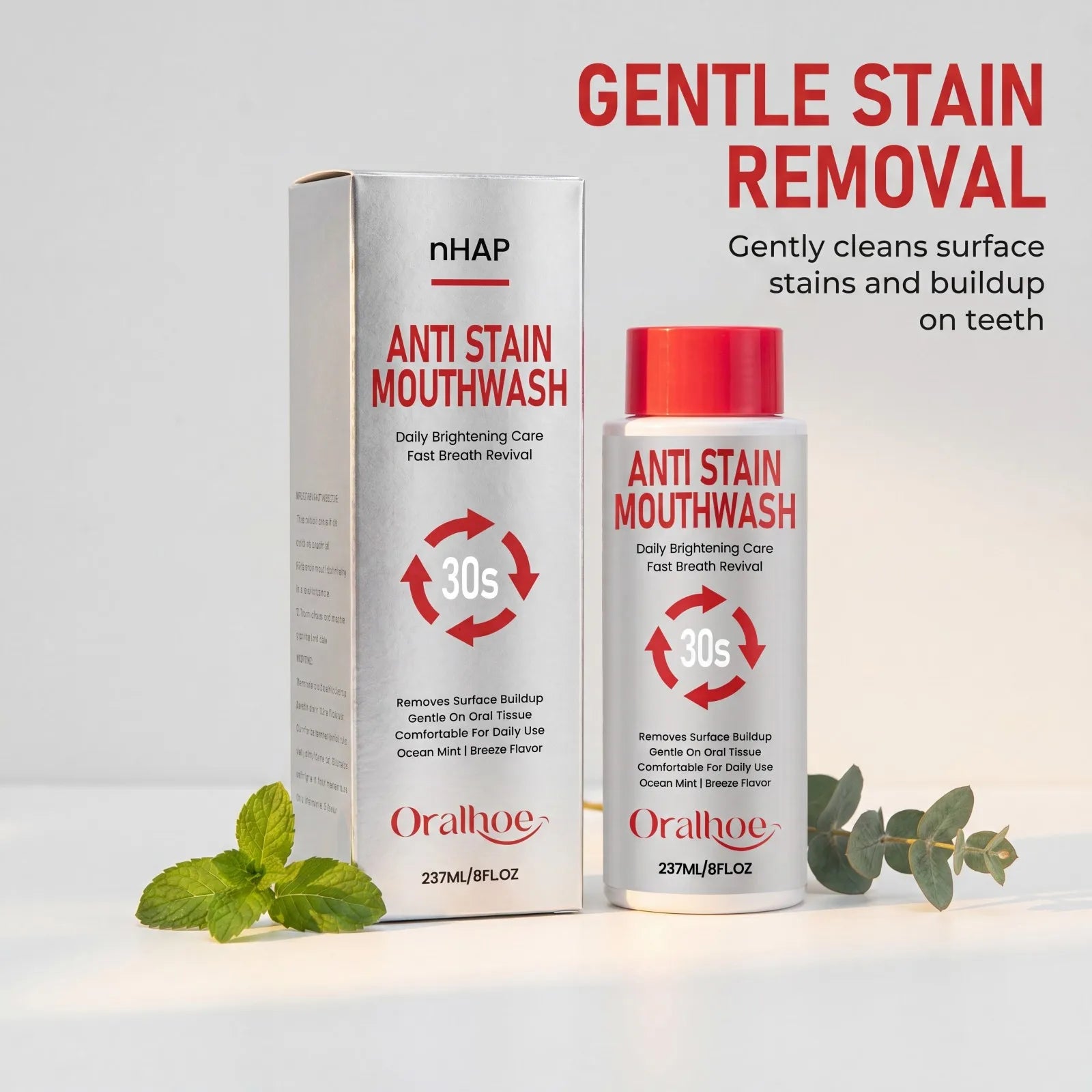 nHAP Anti Stain Mouthwash Whitening Breath Freshening Removes Surface Buildup Gentle Oral Care Mint Long Lasting Home Care 237ml Oasis Select