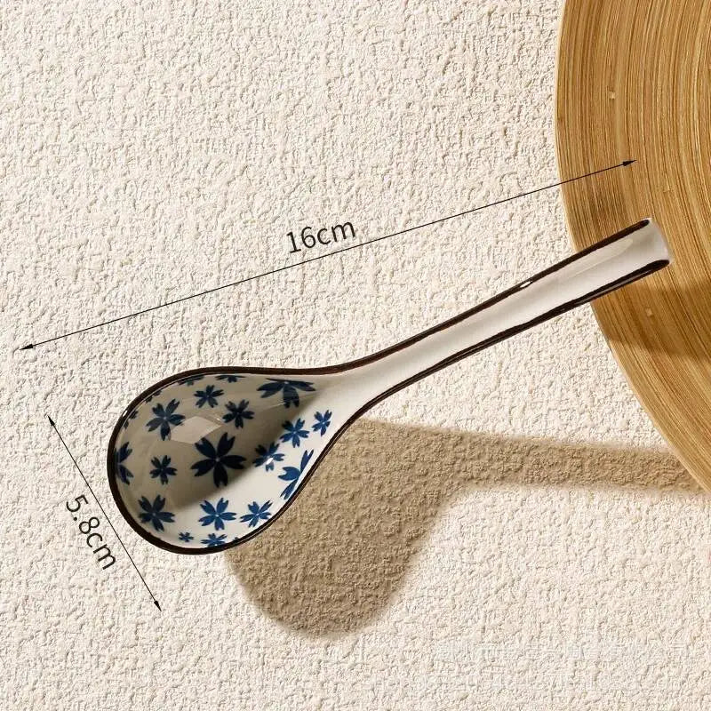 Japanese Blue And White Ceramic Spoon Extended Length For Soup And Noodle Serving Kitchen Tablewear Oasis Select 27