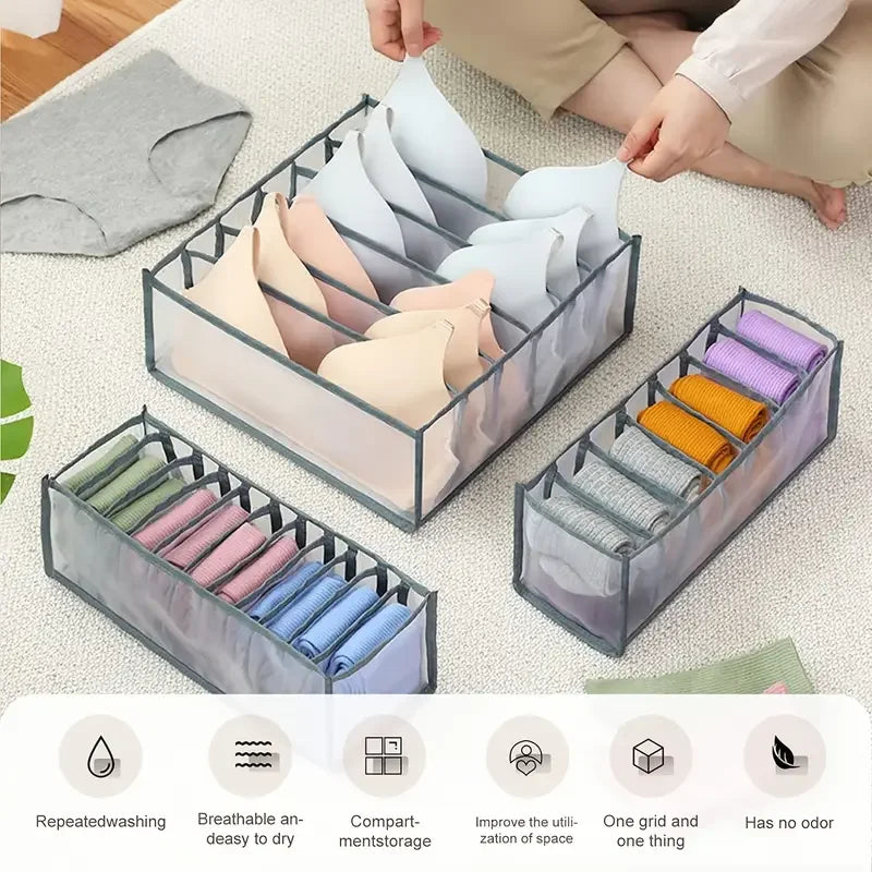 3pcs Foldable Underwear Underwear Socks Organizer With Dividers Clothes Storage Box Breathable Mesh Bag For Wardrobe Oasis Select Grey-3pcs