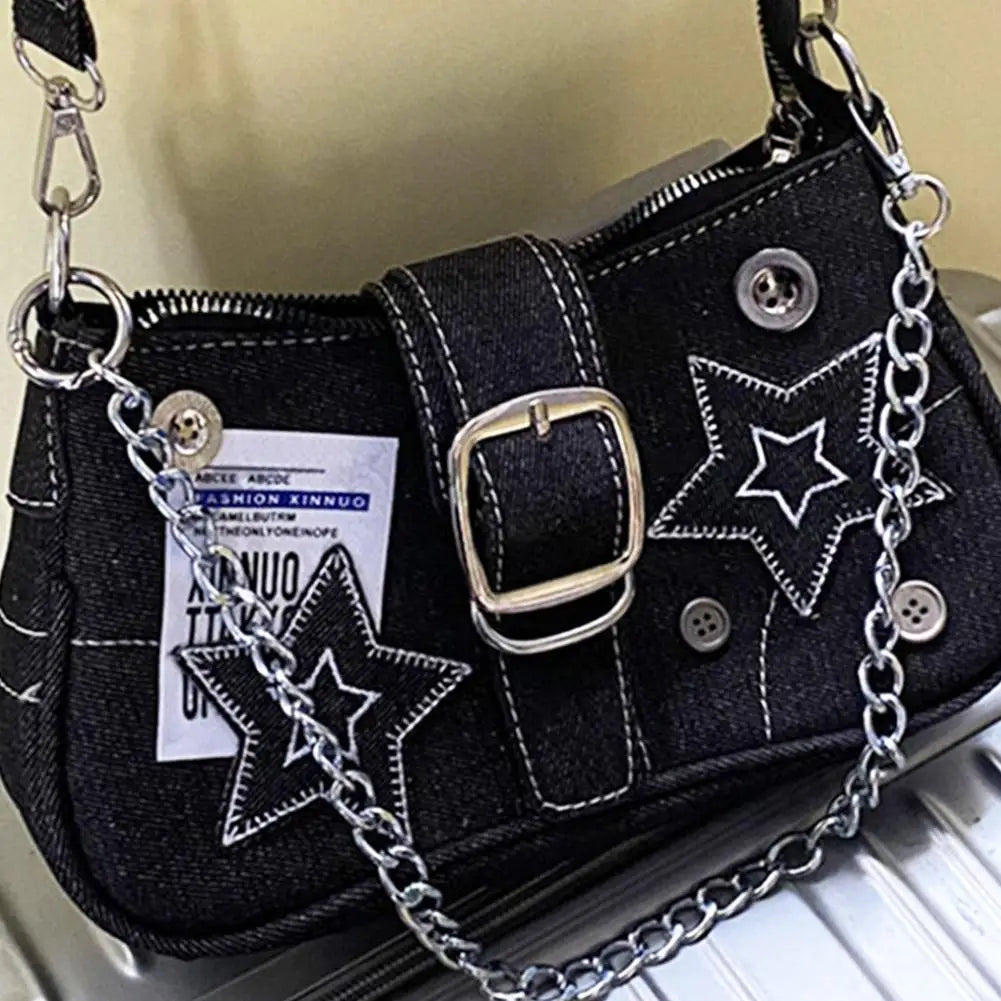 Y2K Canvas Star Pattern Women's Shoulder Bag | Chain Tote