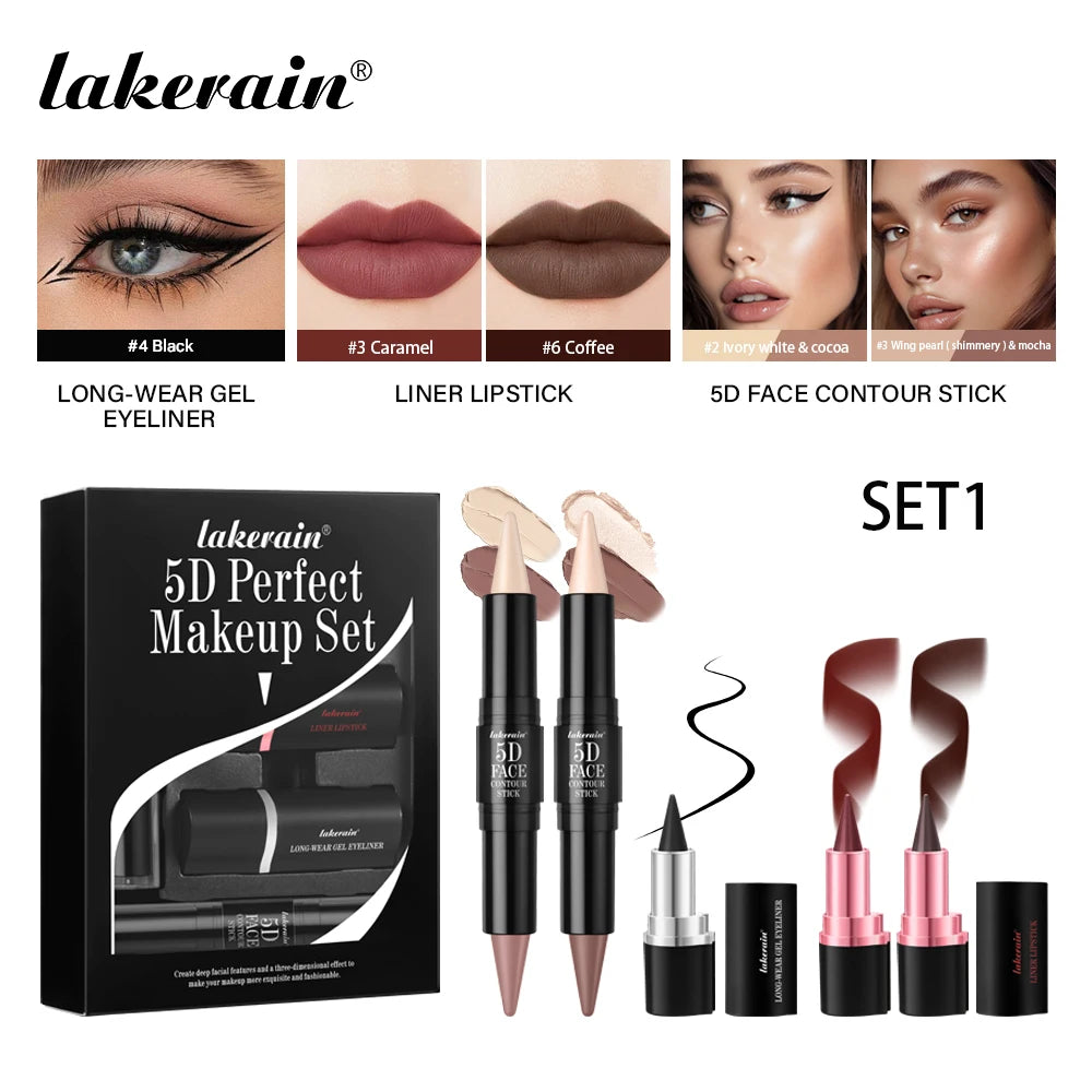 5pcs Perfect Makeup Set With Contouring Stick Eyeliner And Lipstick Easy Coloring Sweatproof Long Lasting Daily Makeup Set Oasis Select set 1