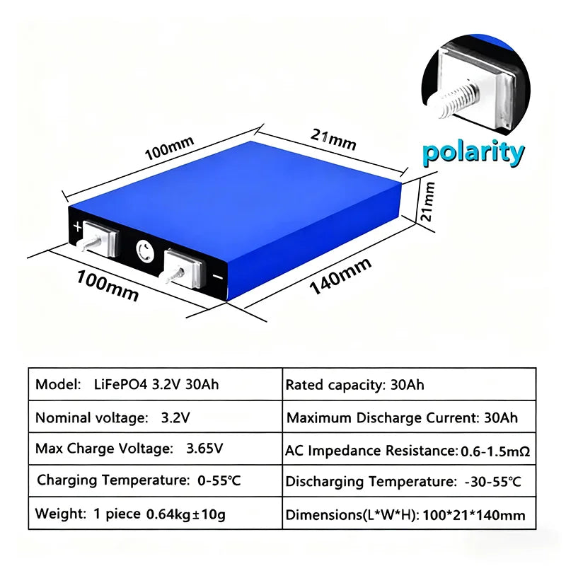 3.2V 32Ah LiFePO4 Rechargeable Battery, 5C Discharge – DIY 12V/24V/48V for E-boat, Motorcycle, Tricycle, Power Tool, Solar Light Oasis Select