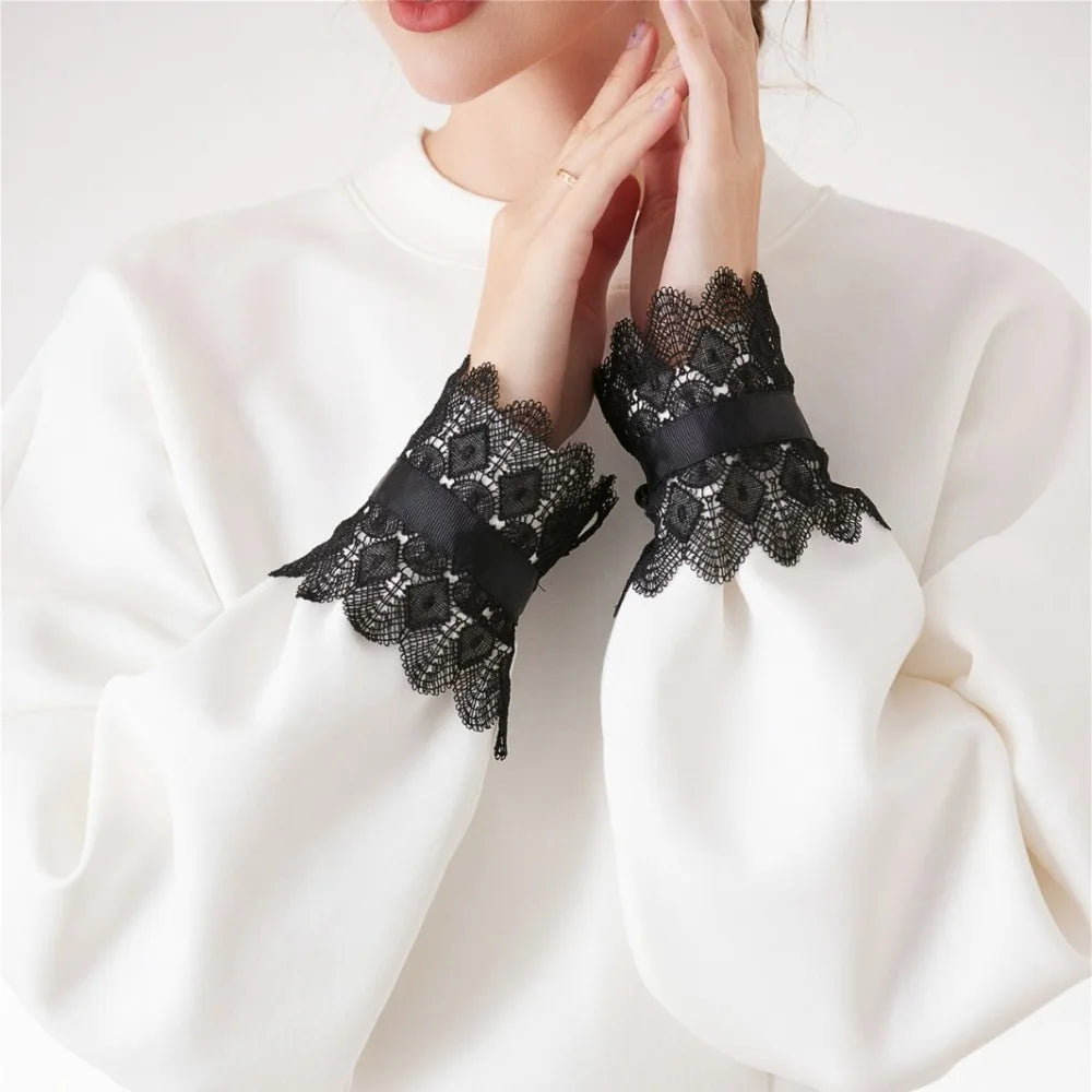 Fashion Polyester Detachable Lace Sleeves Lace White Fake Arm Sleeves Floral Embroidery Cuffs Women Oasis Select