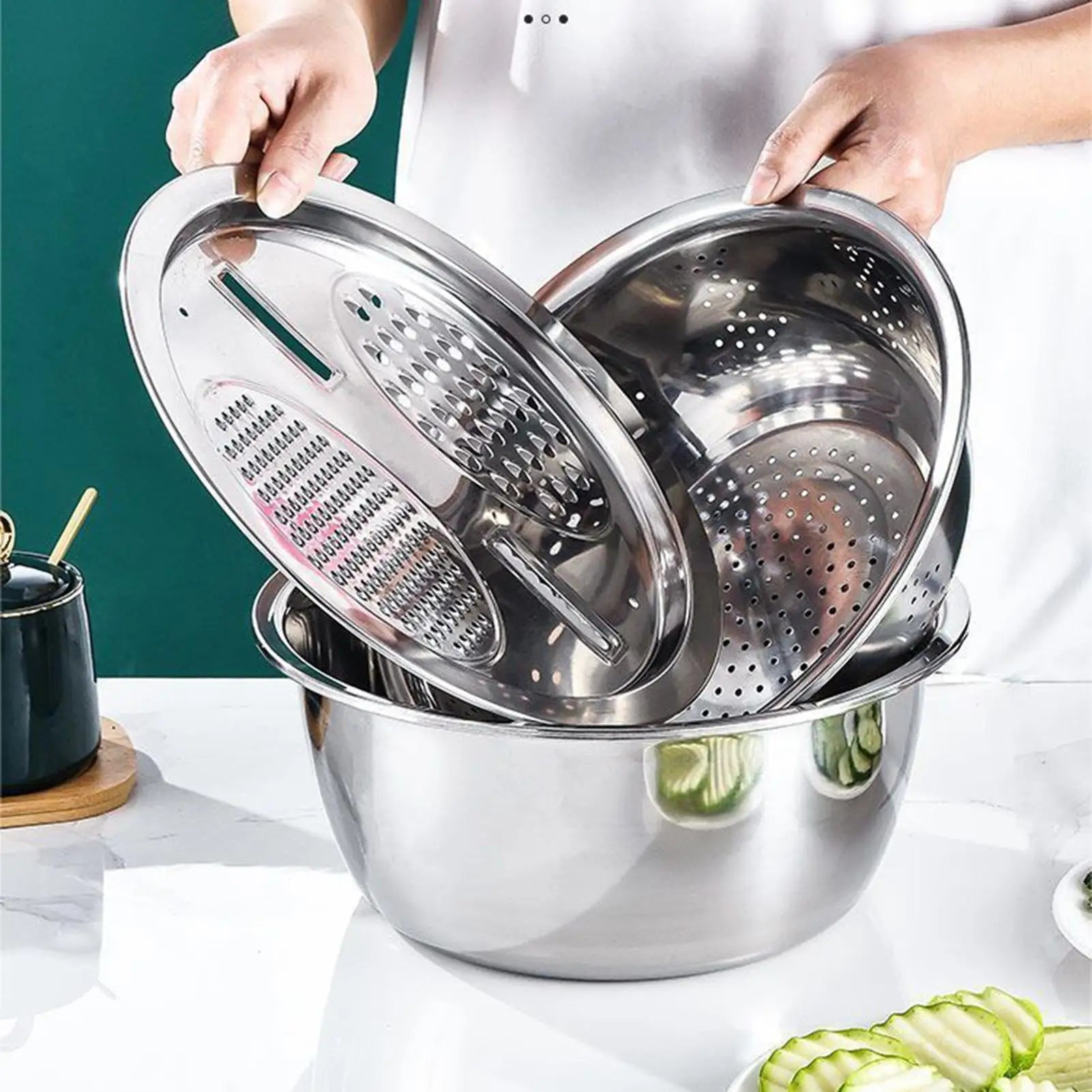 Mixing Bowls Set Vegetable Stainless Steel Slicer Vegetable Washing Basin Drain Basket Multifunctional Mixing Bowls Kitchen tool Oasis Select