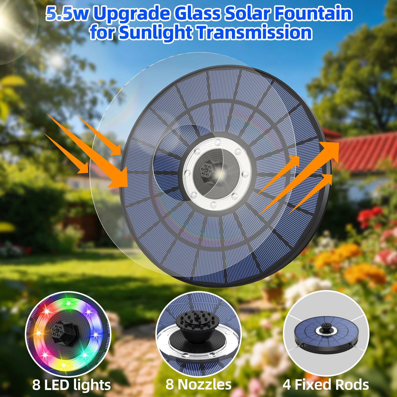5.5W Solar Water Fountain 1500mAh Battery with 8 LED Lights&Nozzles Awesome Light Show Freely DIY Water Features Garden Pond Etc Oasis Select