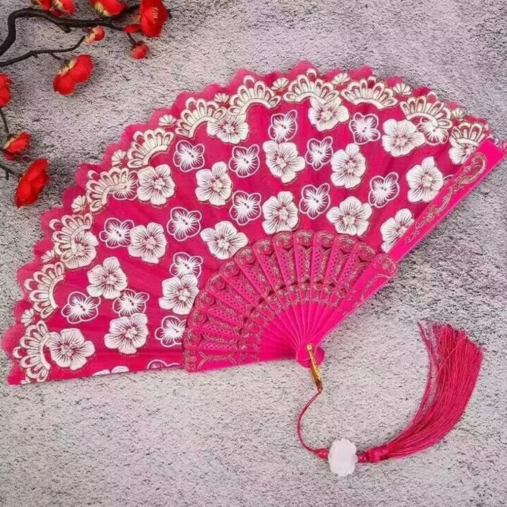 Chinese Folding Fan – Flower Pattern Hanfu Fan with Tassel