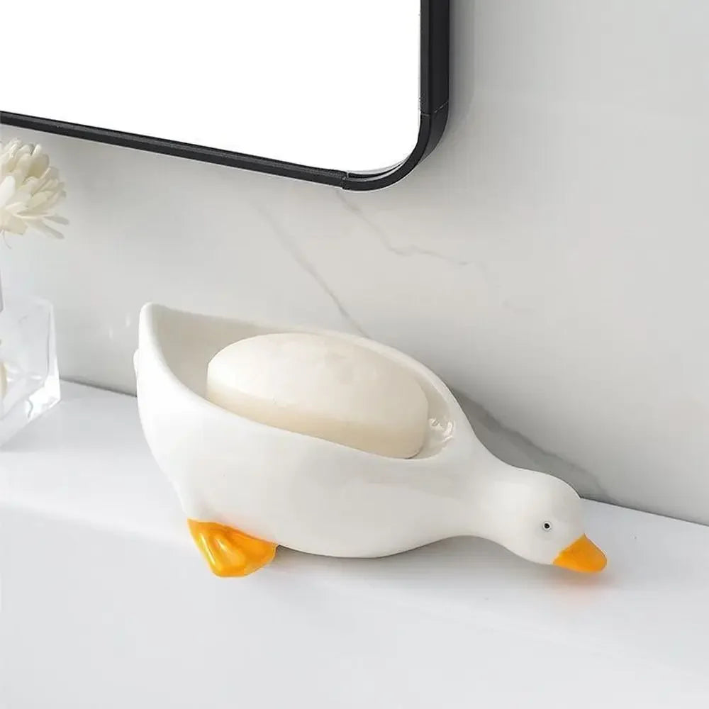 Cute Yellow Duck Shape Soap Dish Durable Bathroom Kitchen Sink Organizer Storage Holder Stand Tray Soap Container Tray Oasis Select white