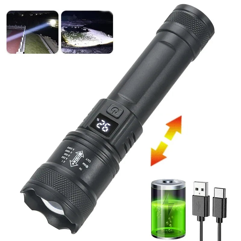Tactical LED Flashlight 2000LM Zoomable USB Rechargeable Torch
