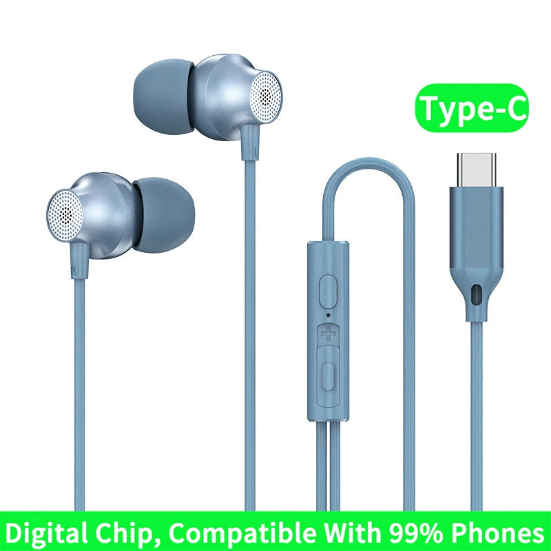 Digital Chip Wired Earphone 3.5mm AUX/Type C 9D HiFi Surround Heavy Bass In-Ear Headsets For Samsung Huawei Xiaomi OPPO iPad PC Oasis Select Type-C Blue