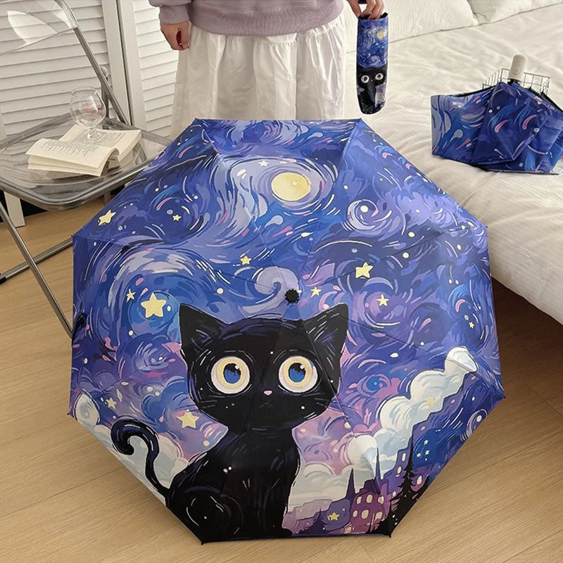 Purple Cartoon Cat Folding Umbrella Professional Sun Protection and UV Protection Umbrella Suitable for Sunny and Rainy Days. Oasis Select