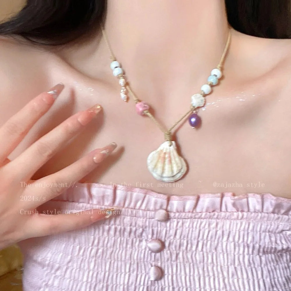 Seaside Style Sea Star Shell Beads Necklace Womens Summer Beach Vacation Neck Chain Bohemian Jewelry Accessories Gift Oasis Select