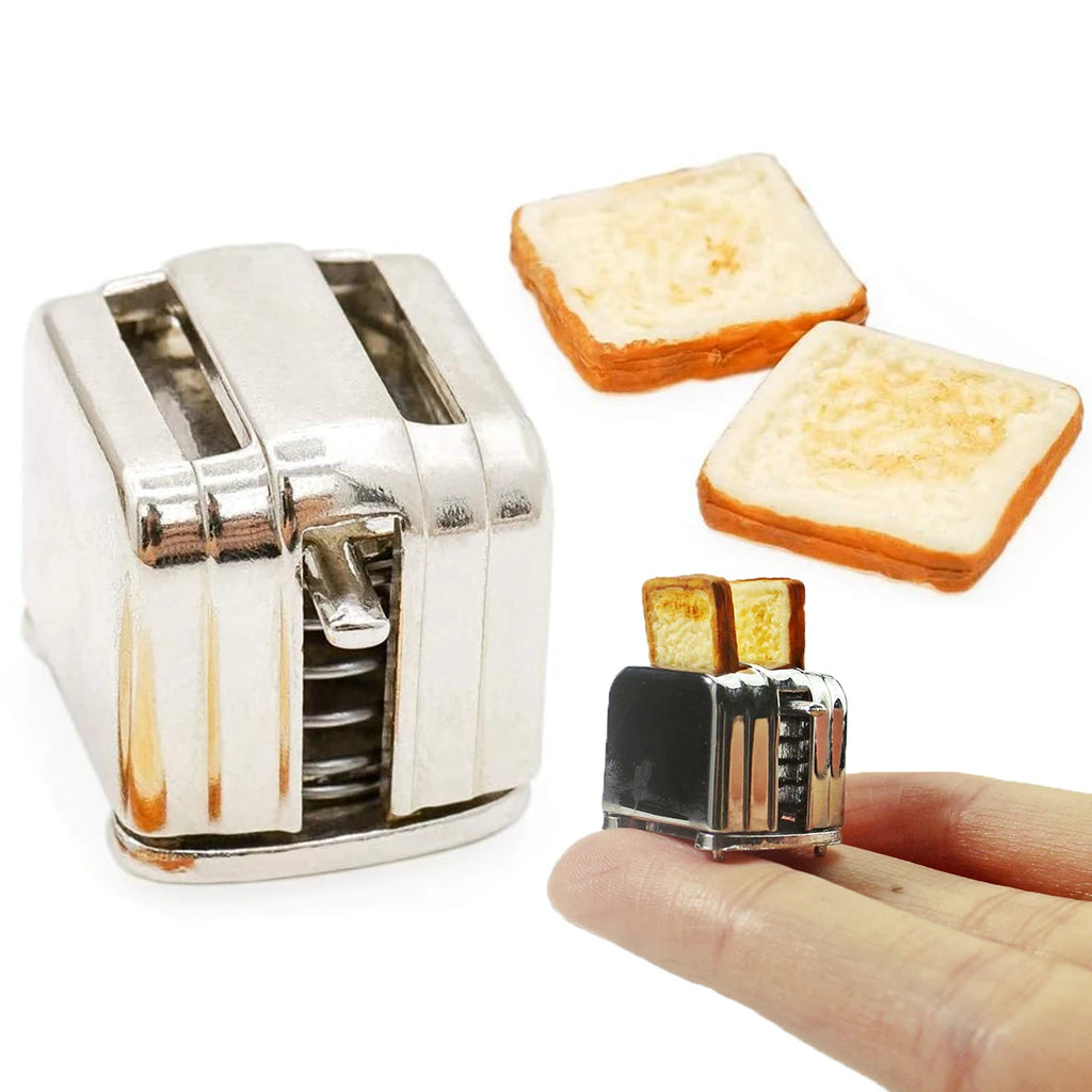 Mini Metal Toaster with 2 Toast Slices – 1:12 & 1:6 Dollhouse Breakfast Set for Fairy Garden & Micro Landscapes Home Accessories Oasis Select