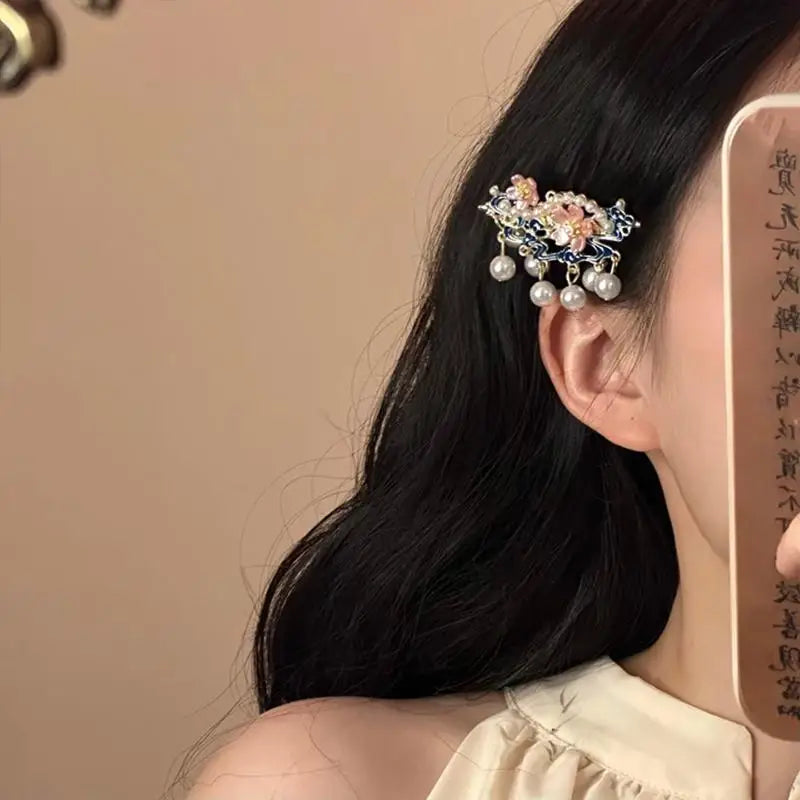 Vintage Pearl Tassel Hair Clip – Enamel Flower Hanfu Hair Pin Decorative Hair Pin Oasis Select A3