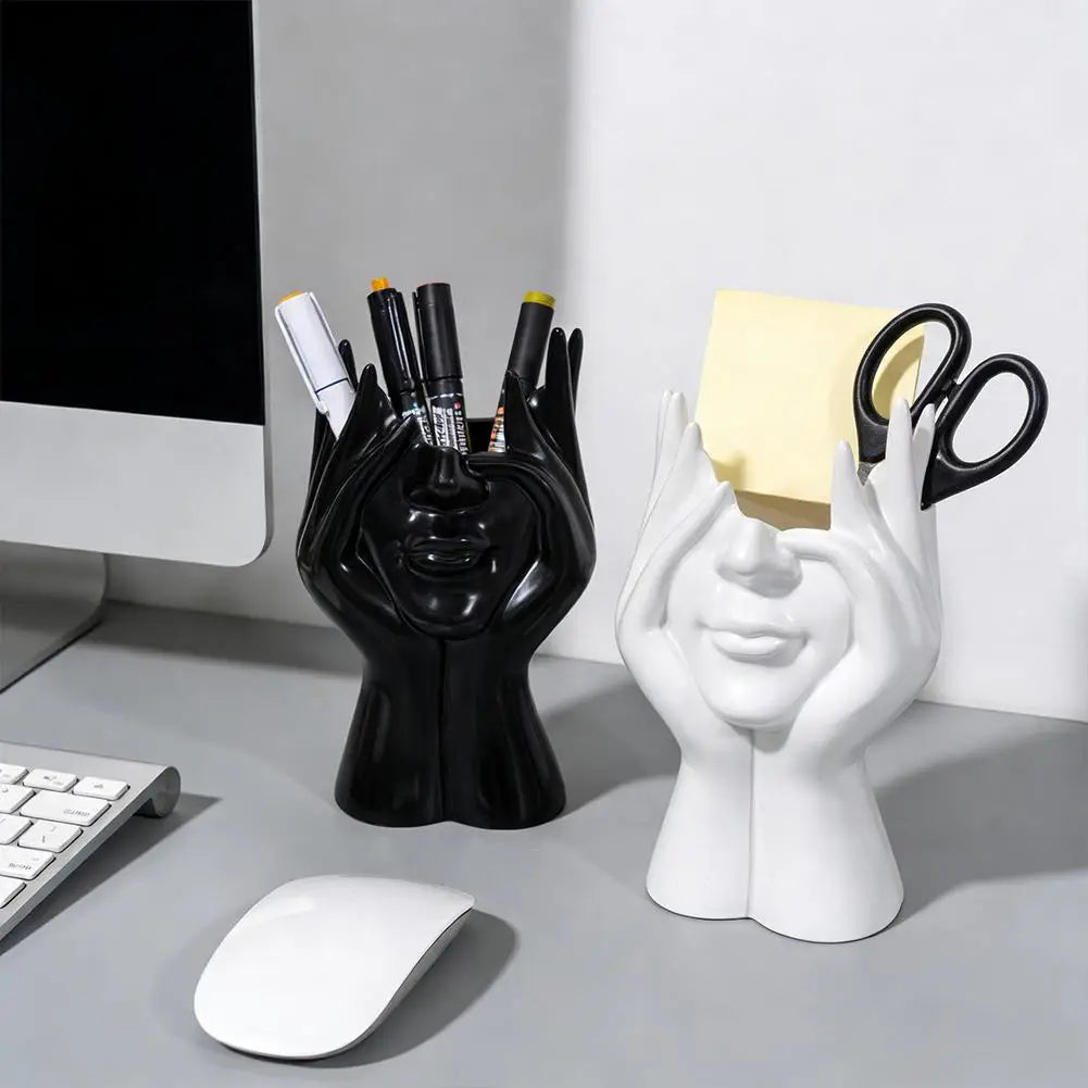 Pen Holder & Desk Decor White Abstract Face Sculpture with Hands, Modern Office Desktop Organizer for Pens, Makeup Brushes Oasis Select