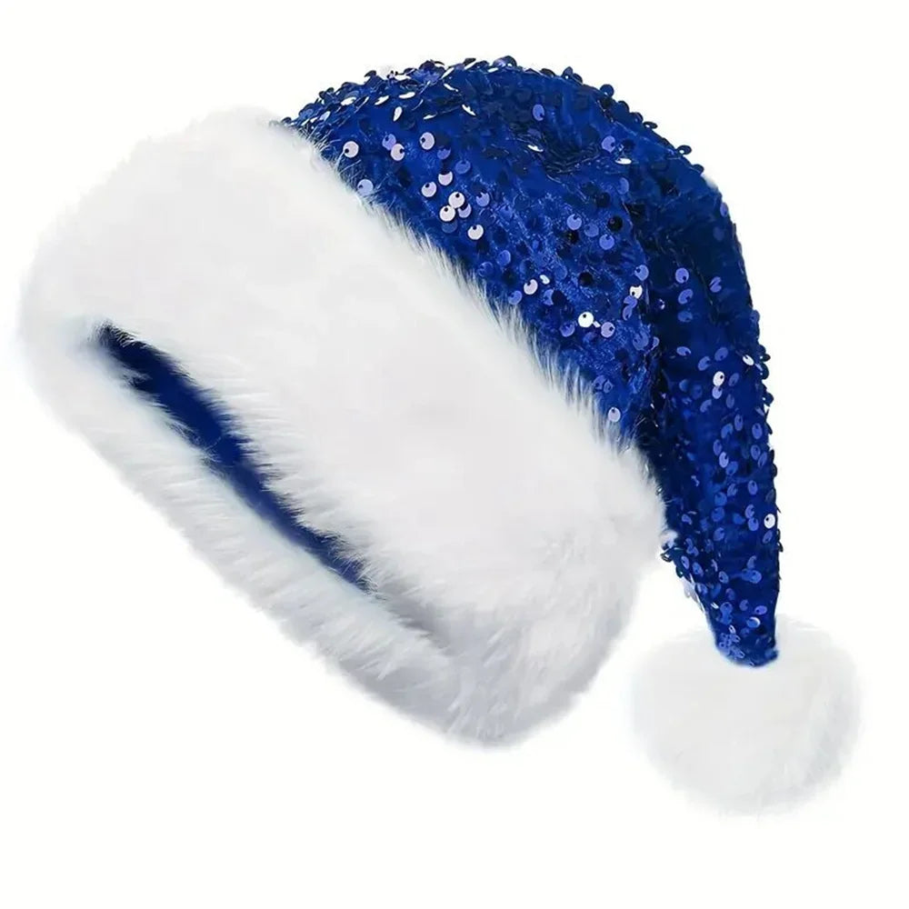 Double-Layer Sequin Santa Hat with Fluffy Pompom | Adults & Kids