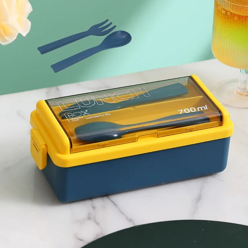 Single/double Layer Lunch Box Portable Leakproof Student Microwave Dinnerware Set with Fork Spoon Food Snack Storage Container Oasis Select Single-Blue