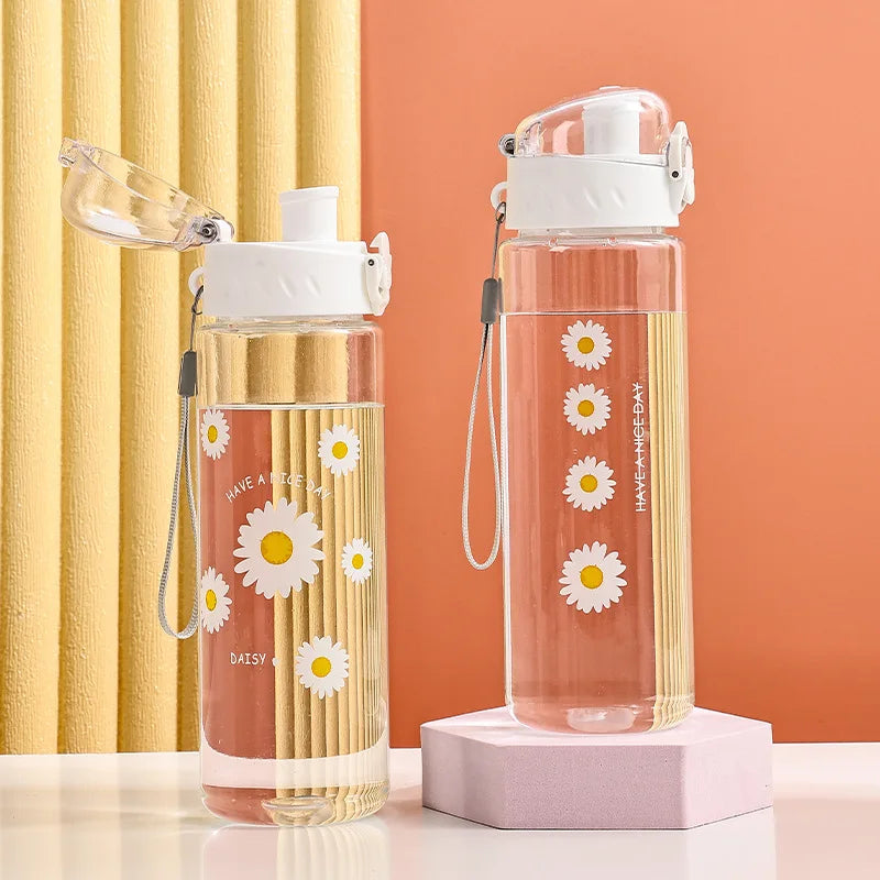600ml Summer Daisy Plastic Straw Water Bottle, Leakproof Portable Drinking Cup for Outdoor Camping Clear Reusable Mug Ideal Gift Oasis Select