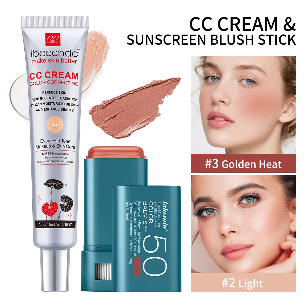 2pcs/set Color Correcting CC Cream & Suncreen Blush Stick Long-Lasting Waterproof Natural Finish Face Makeup Korean Cosmetic Oasis Select SET 8