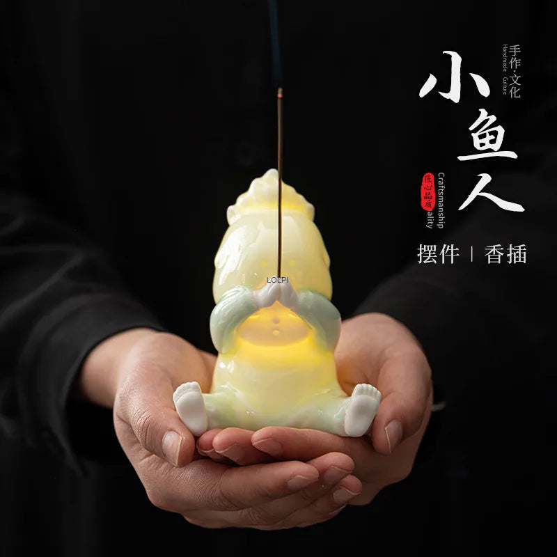 Cute Little Fish Ceramic Ornament New Chinese Style Fun Tea Pet Pen Holder Home Indoor Incense Holder Incense Burner Oasis Select