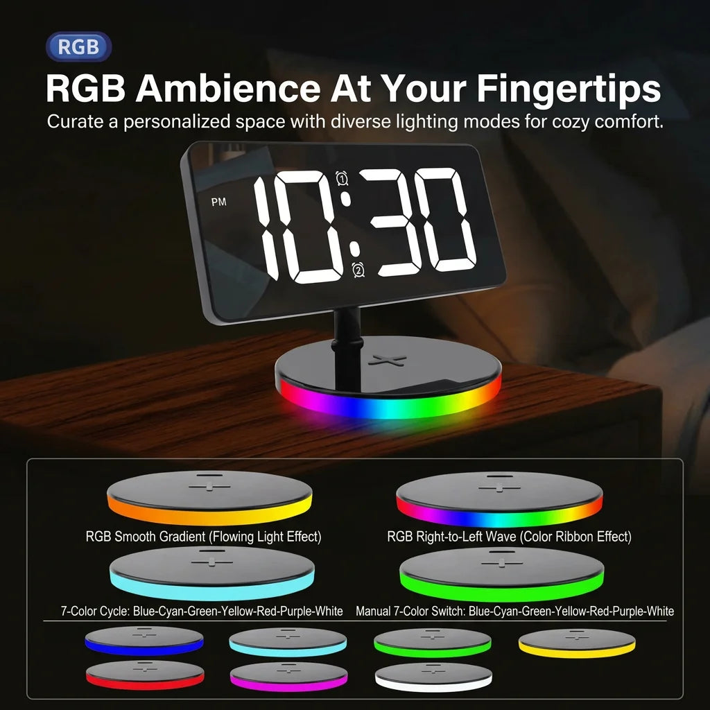 Digital LED Mirror Alarm Clock With 15W Wireless Charging RGB Ambient Night Light Dimmable Large Display for Bedroom Desktop Oasis Select