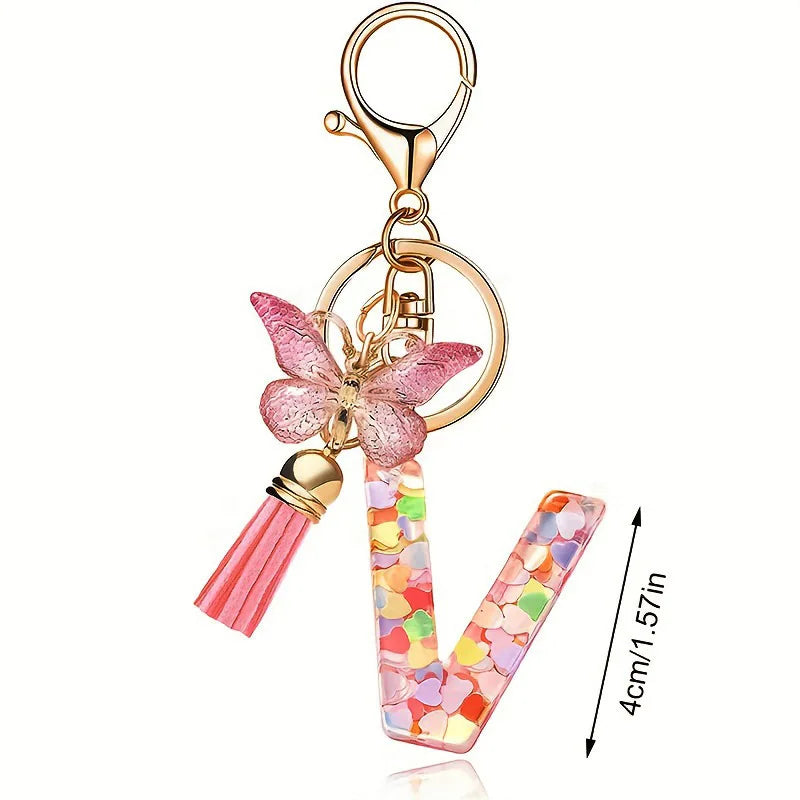 Pink Glitter Letter Keychain Heart Butterfly Tassel Crystal Resin