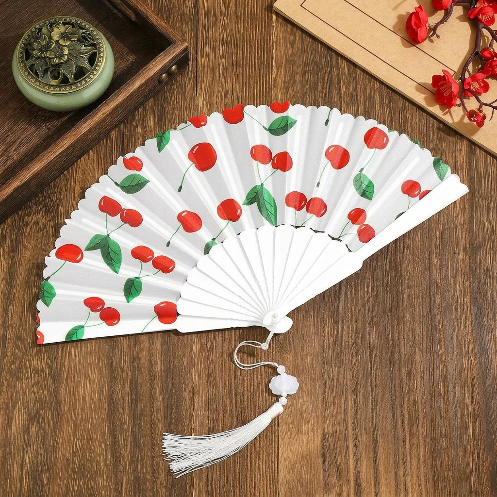 Portable Fruit Pattern Folding Hand Fan Plastic Frame Fabric Fan With Tassel Summer Cooling Fans Dance Performance Home Decor Oasis Select