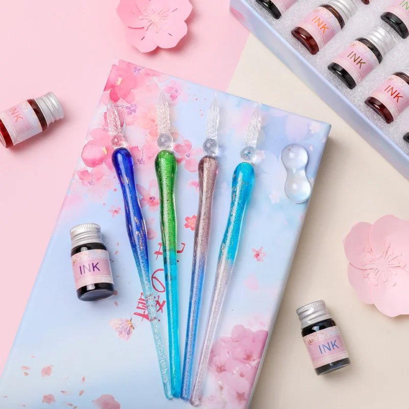 Romantic Sakura Glass Dip Pen Sakura Flower Series Multi piece Gift Box Gradient Color Set Oasis Select