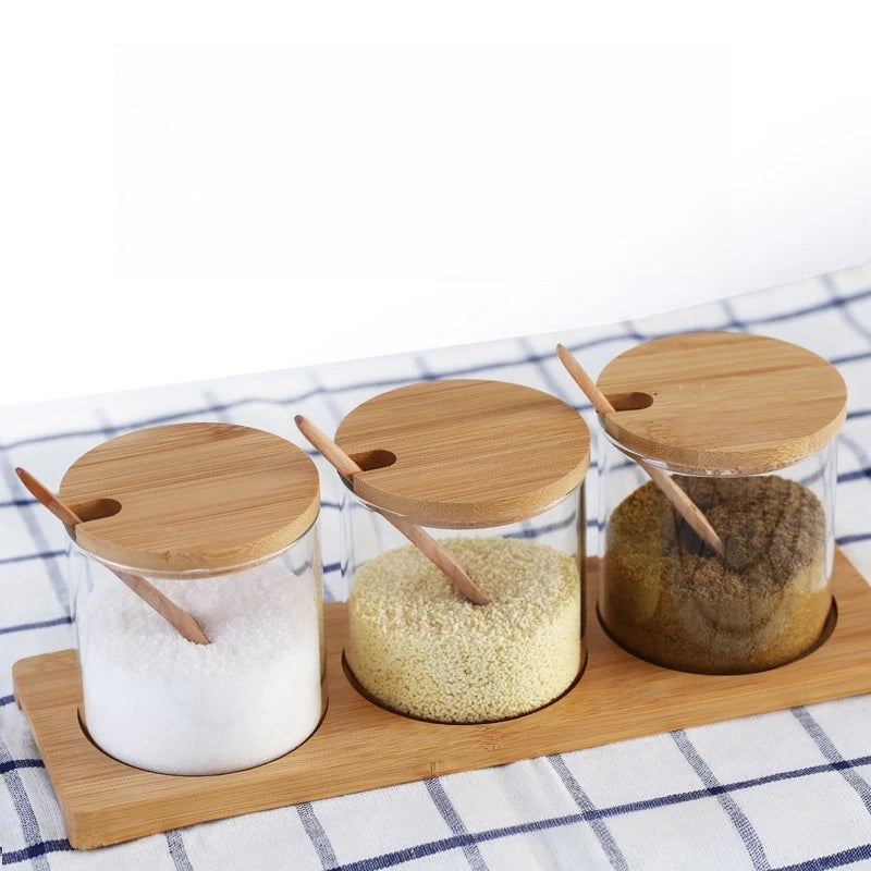 3Pcs Condiment Jars Set Clear Glass Bamboo Lid Spice Jar with Spoon Kitchen Sugar Salt Spices Storage Box Household Container Oasis Select