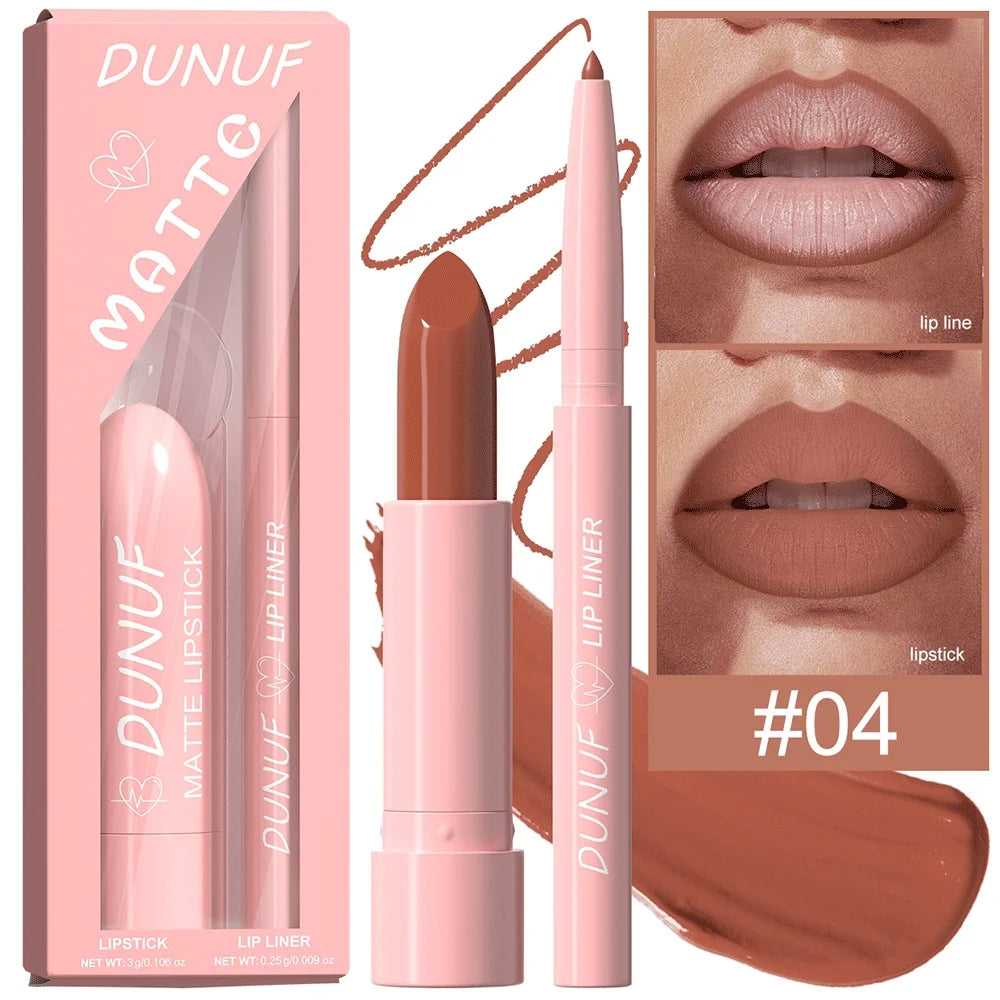DUNUF 12-Color Matte Lipstick & Lip Liner Set – Waterproof