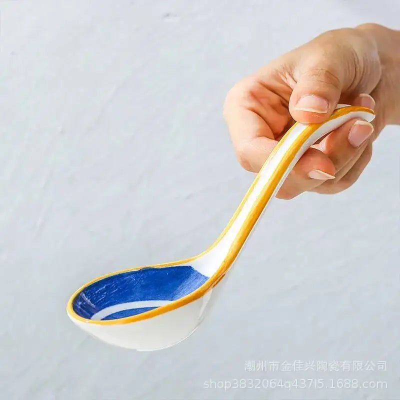 Japanese Style Spoon Ceramic Soup Spoon Daily Ceramic Soup Spoon Ramen Extended Handle Small Spoon Bent Spoon Tableware Oasis Select