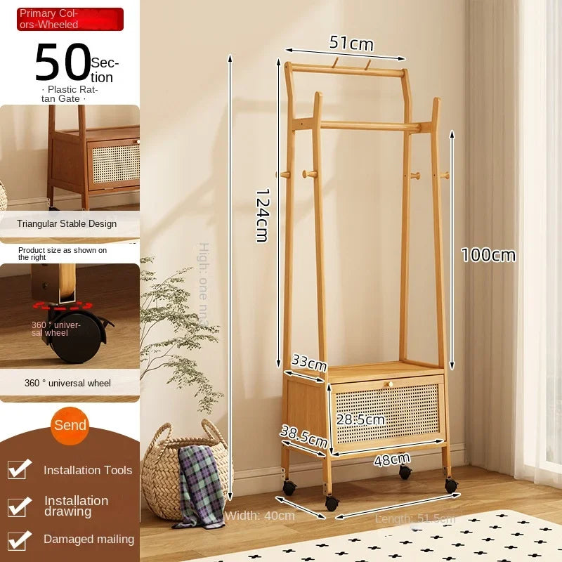 Multi-functional Bedroom coat hanger, floor-standing household mobile wheeled coat rack, retro indoor multi-functional coat rack Oasis Select Primary color 50