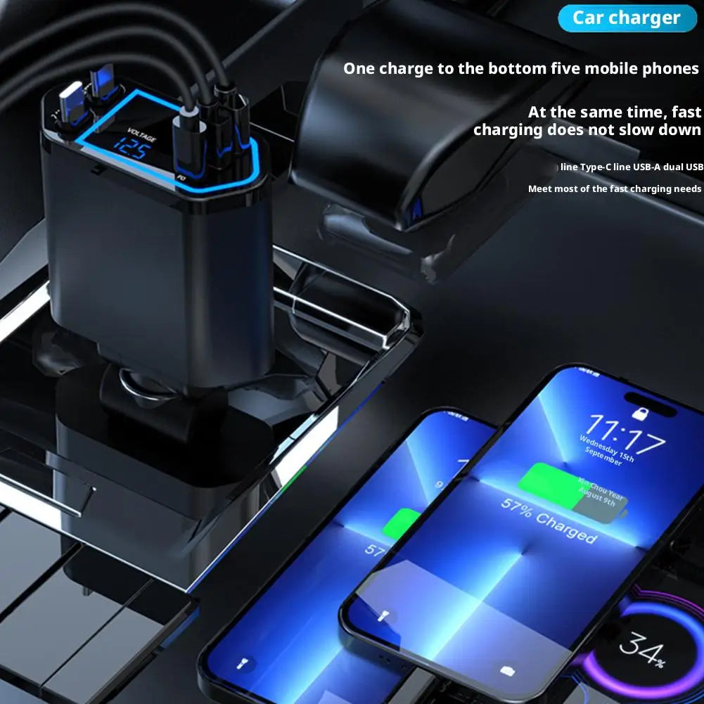 120W 4-in-1 Fast Car Charger – Retractable Cable & 2 USB Ports Car Charger Adapter Oasis Select