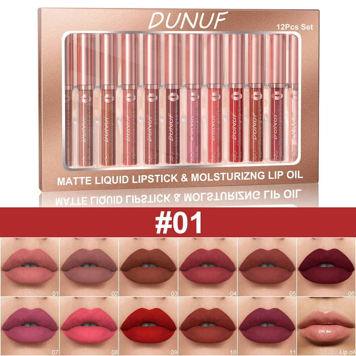 DUNUF 12 Pcs Matte Lipstick Lip Gloss Waterproof Long-lasting Easy Coloring Beginner Friendly Non-stick Cup Shape Non-fading Moi Oasis Select 01