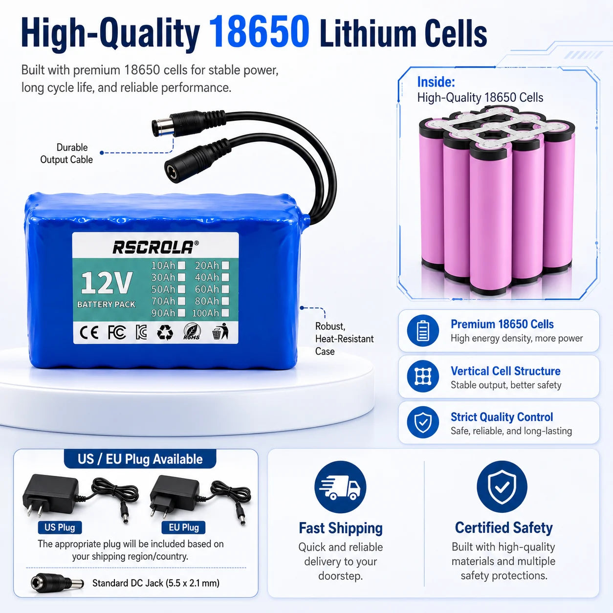 Rechargeable 12V 18650 Lithium Battery Pack with BMS, for Solar, LED Light, RC Model, Power Supply, Long Cycle Life with Charger Oasis Select