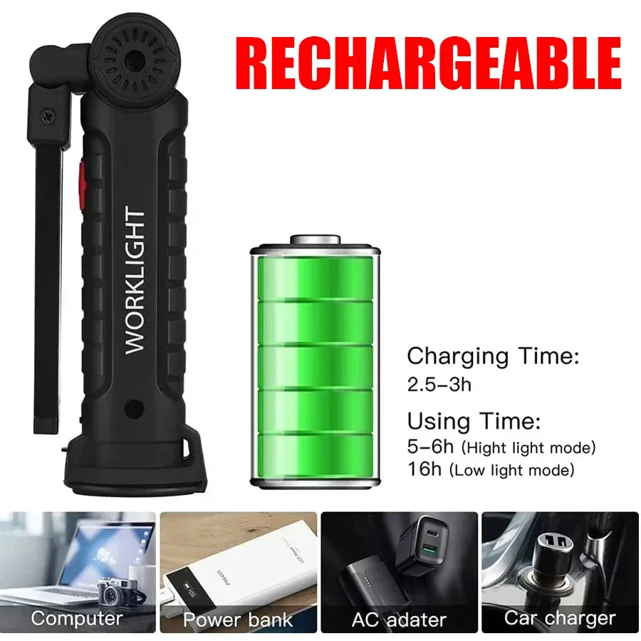 New Portable COB LED Flashlight USB C Rechargeable Work Light Magnetic Lantern Hanging Lamp with Built-in Battery Camping Torch Oasis Select