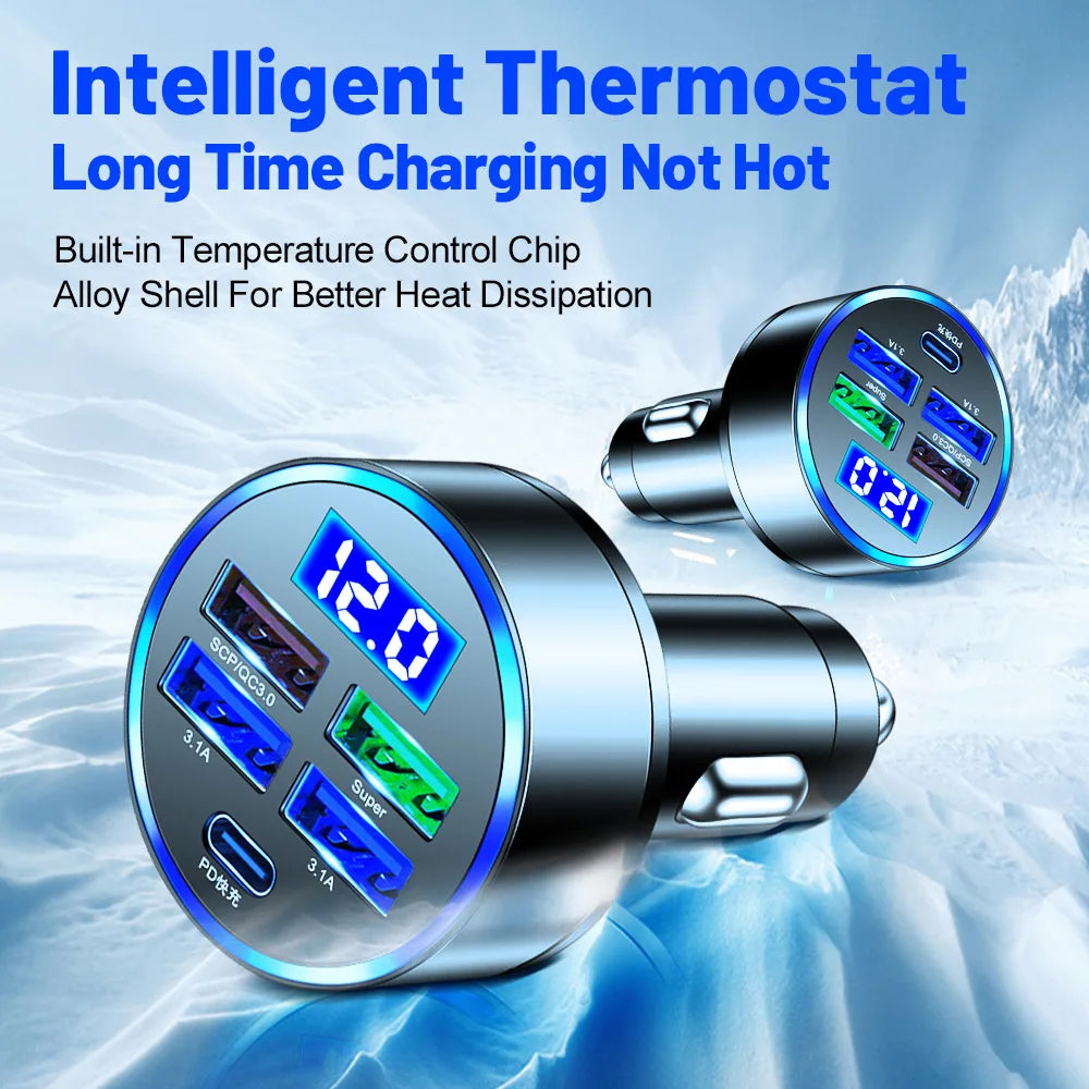 PD QC30 Car Charger 5 Ports Fast Charge USB C 250W LED Phone Charger Type C Adapter for Iphone Samsung Huawei Xiaomi Oasis Select