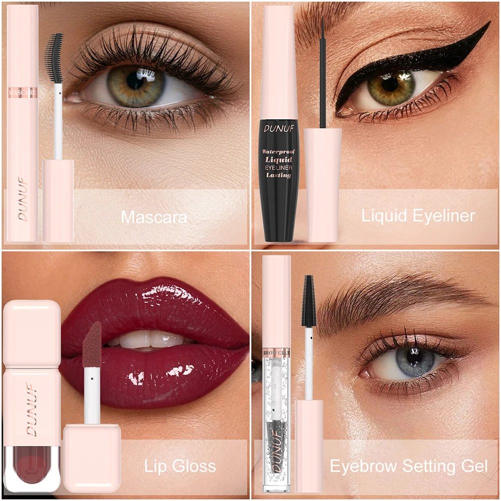 DUNUF 4-in-1 Makeup Gift Set Waterproof Long-Lasting Mascara Liquid Eyeliner Brow Setting Gel Moisturizing Lip Gloss with Mirror Oasis Select