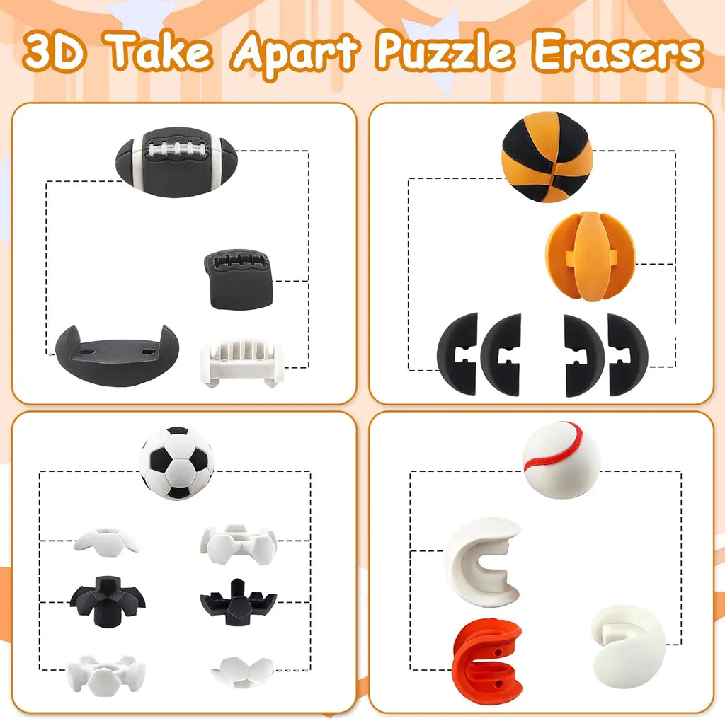 10pcs Balls Erasers for Classroom Prizes，Puzzle Eraser 3D Take Apart Football Pencil Erasers for Kids Classroom Prizes Oasis Select