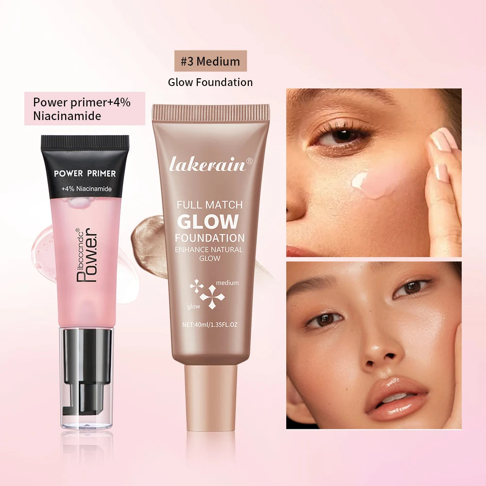 Powder Grip Primer Gel & Glow Foundation Makeup Kit Hydrating Smoothing Skin Lightweight Brighthen Shiny Fase Cosmetics Combo Oasis Select SET 7