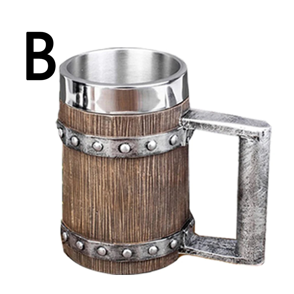 Wooden Barrel Beer Cup Stainless Steel Coffee Mug Viking Style Vintage Beer Mug Double Wall Drinking Cup Halloween Bar Drinkware Oasis Select B 600ml