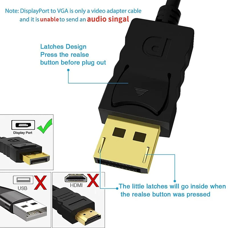 1.8M HD 1080P DP TO VGA Cable DP DisplayPort to VGA Adapter Converter HD Video Cable For TV Monitor Laptop Computer Projector Oasis Select